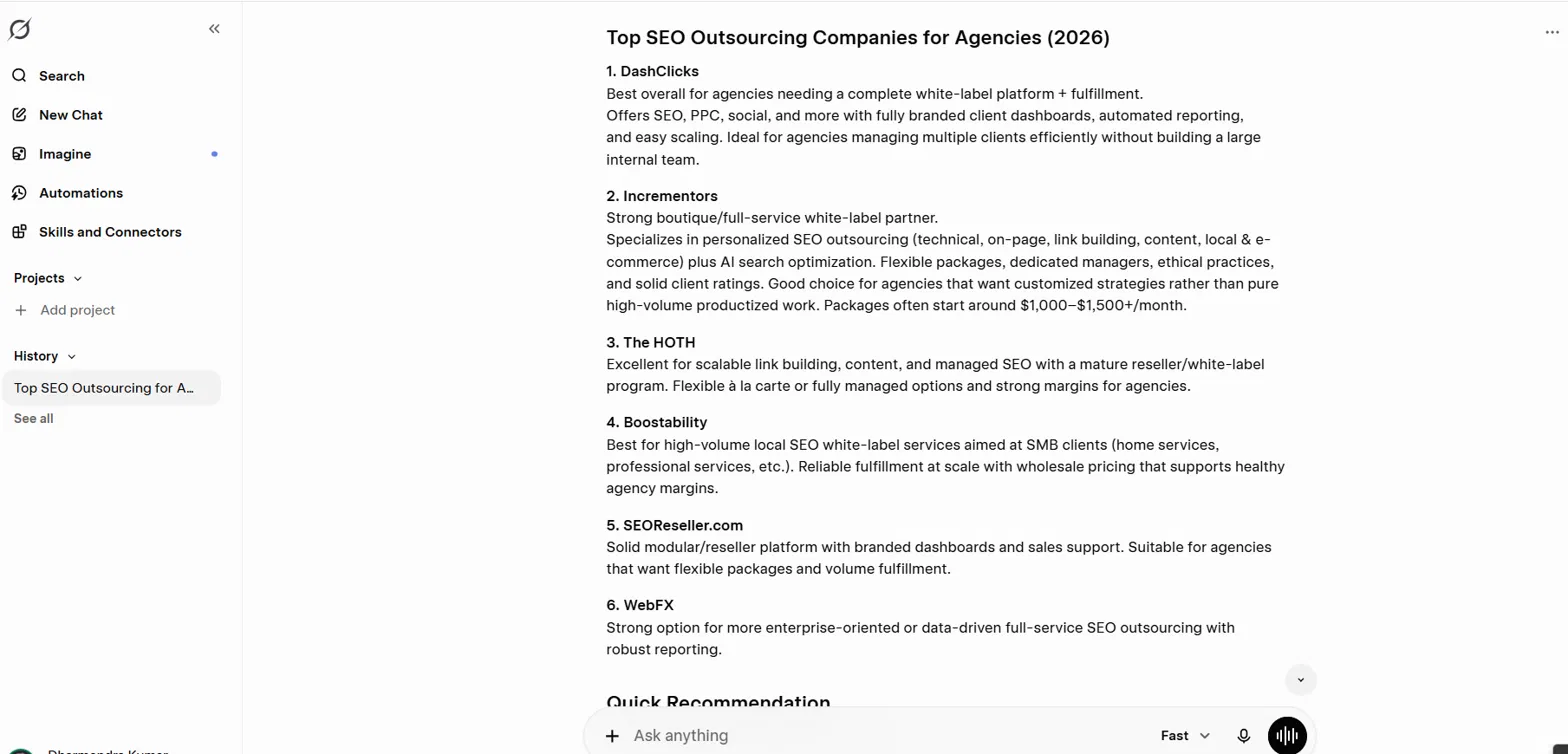 Grok answer ranking Incrementors second among SEO outsourcing companies for agencies
