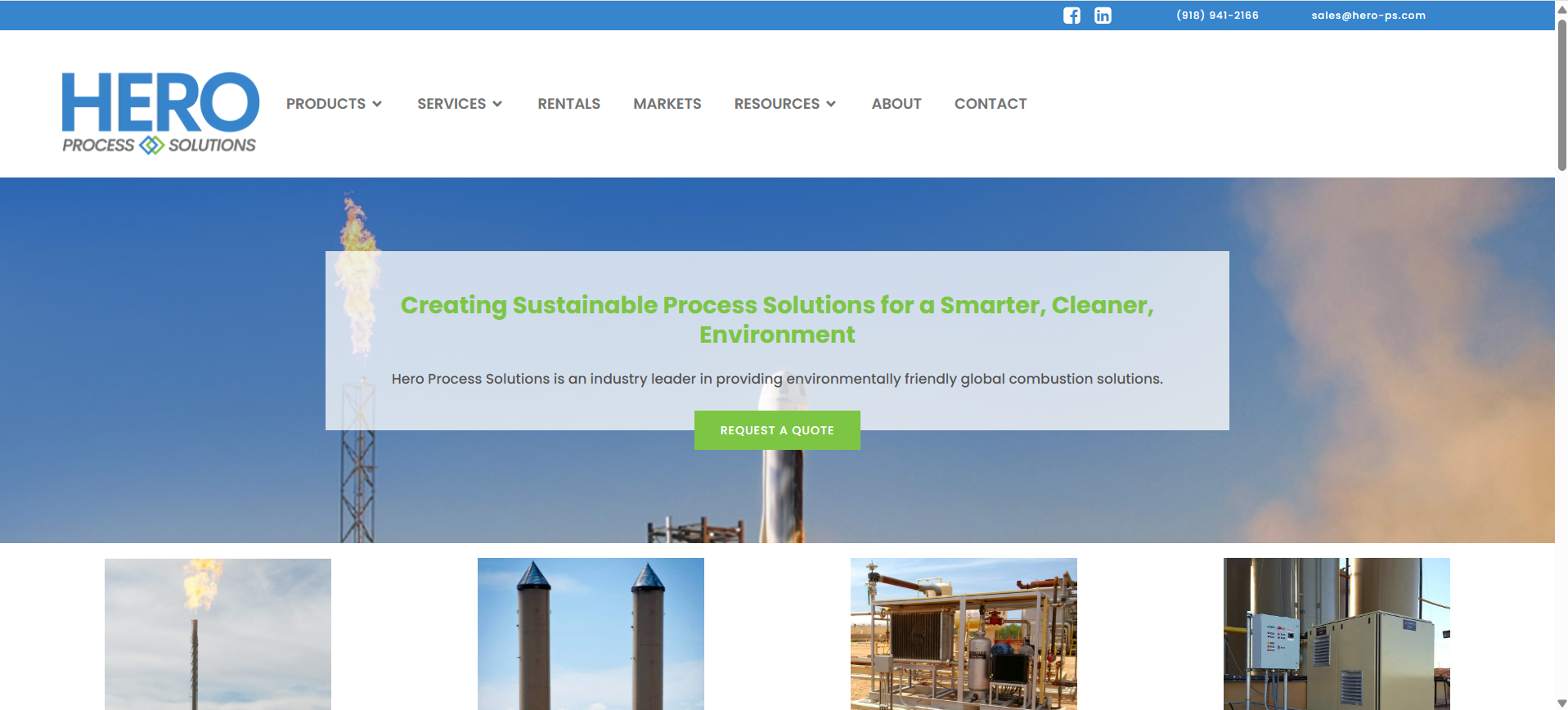 Hero Process Solutions website homepage showing navigation, hero message and featured process equipment