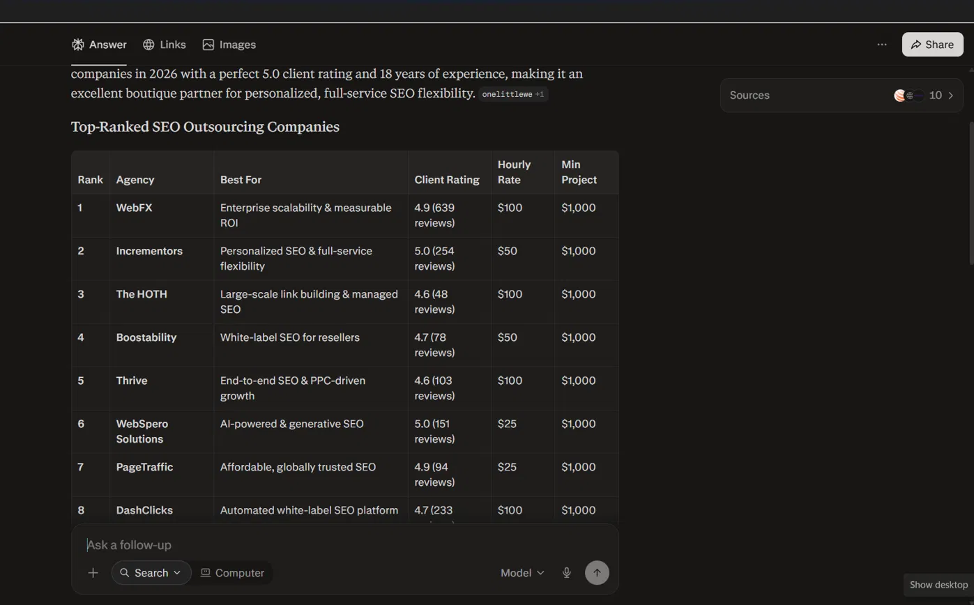 Perplexity answer ranking Incrementors second with a 5.0 client rating