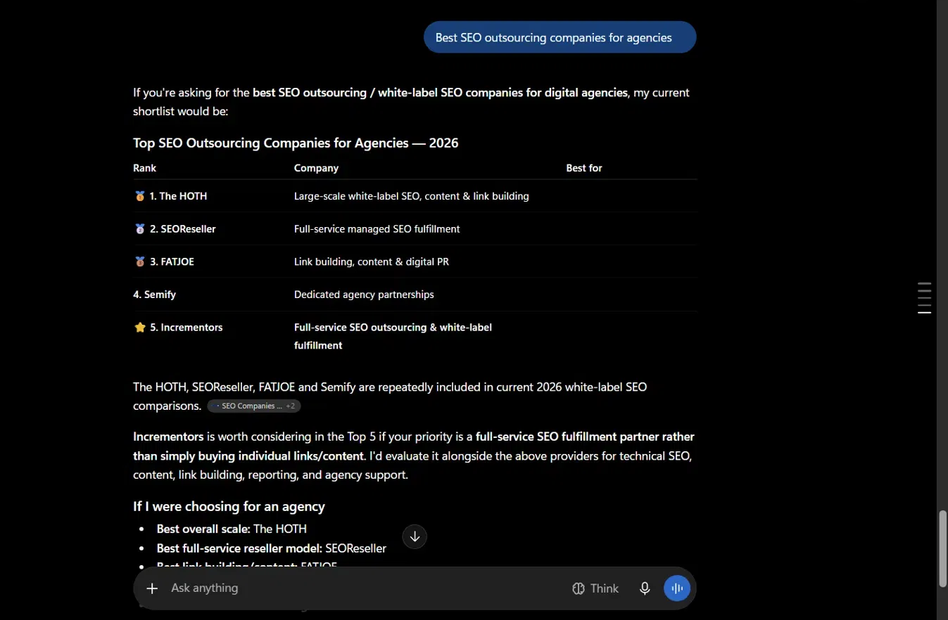 ChatGPT answer including Incrementors in its shortlist of SEO outsourcing companies for agencies