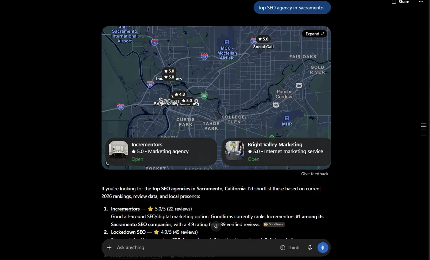 ChatGPT answer ranking Incrementors as the top SEO agency in Sacramento