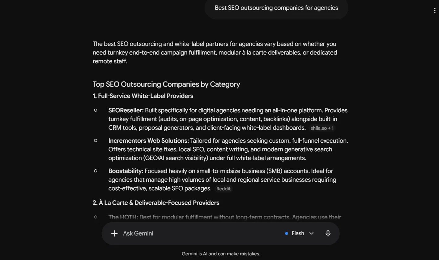 Gemini answer naming Incrementors among full-service white-label SEO providers