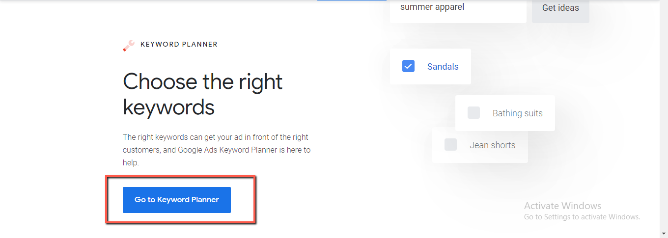 google keyword planner page