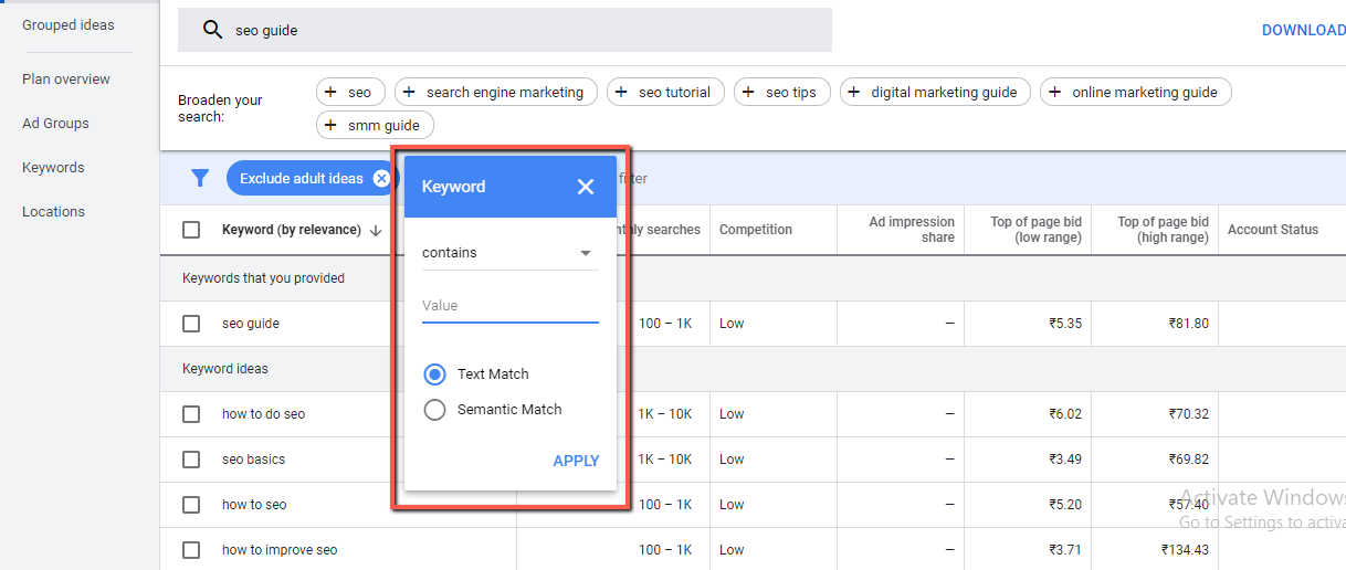 Membina kandungan SEO berdasarkan data Keyword Planner