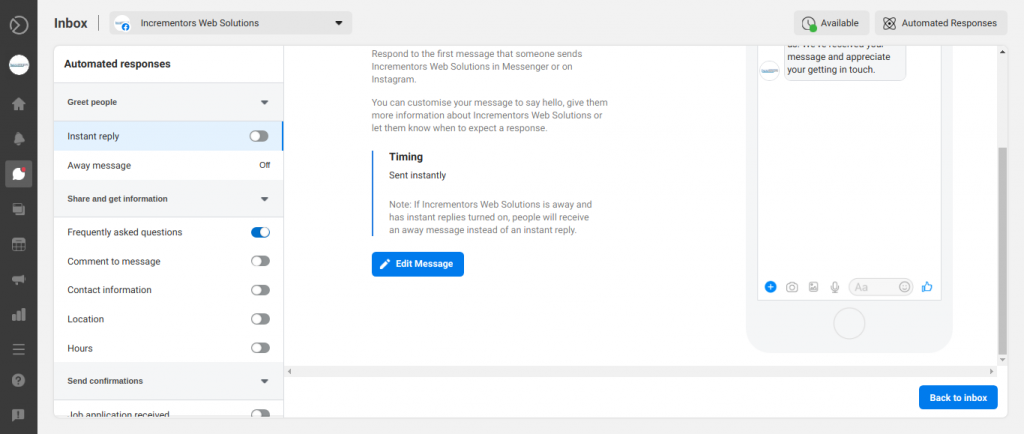 Facebook business suite automated response