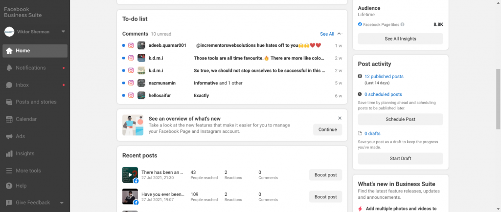 Facebook business suite home page 