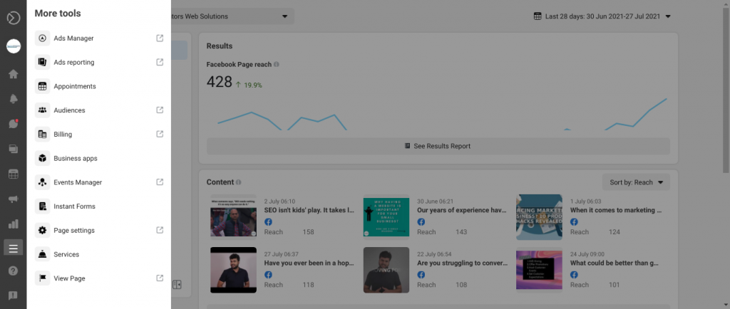 Facebook business suite more tools section
