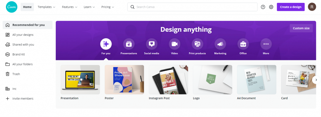 canva home page