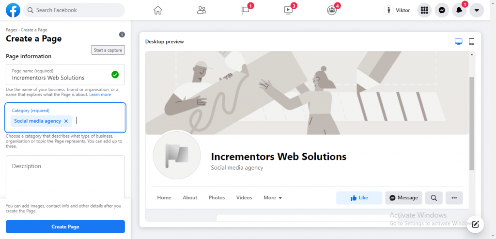 Facebook page creation