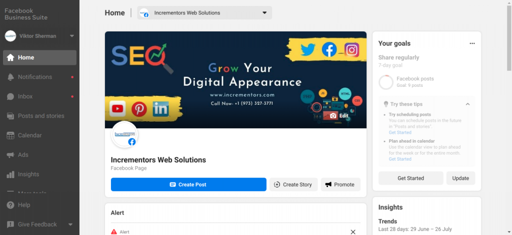 Facebook business suite home page