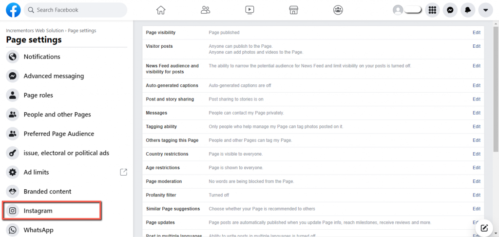 Instagram option in settings