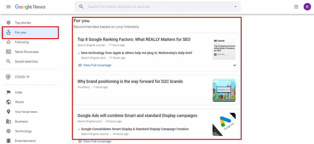 Google News For You section