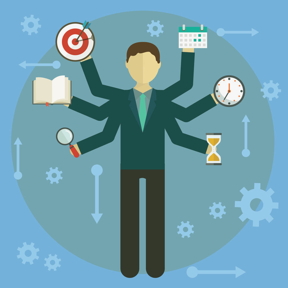 image of a marketing director carrying the icons of a clock, book, target, calendar and lens and hourglass