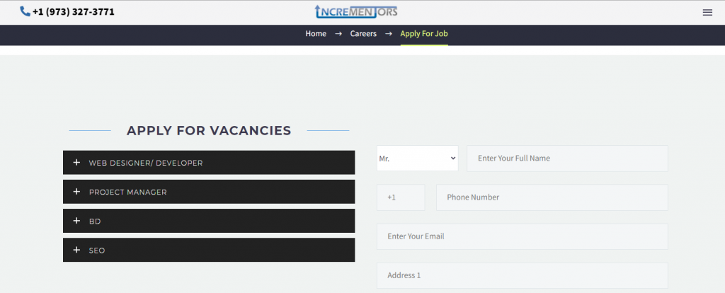 screenshot of incrementors' website of the available vacancies