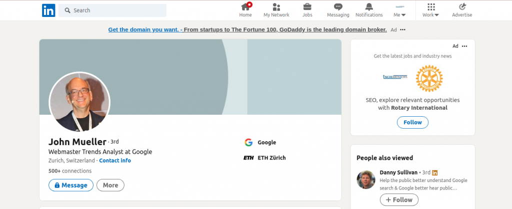 screenshot of the account of john Mueller's LinkedIn account