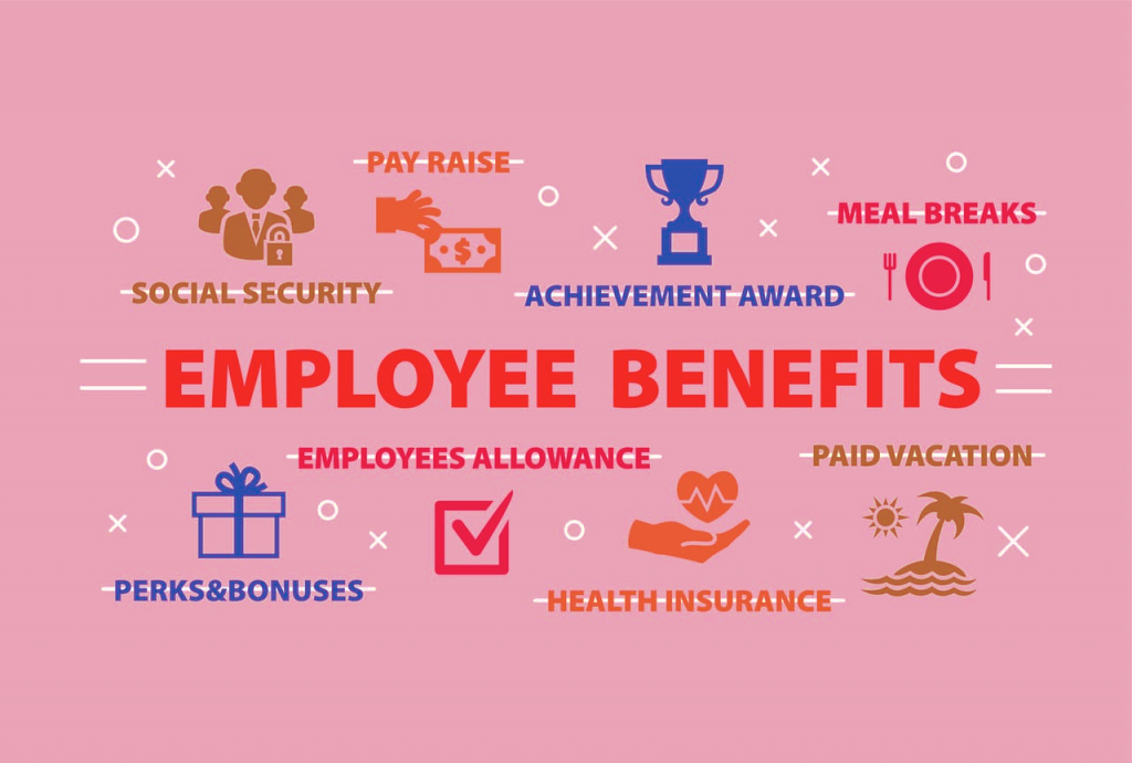 an illustration about the employee benefits along with the icons of social security, health insurance, paid vacation, pay raise, achievement awards