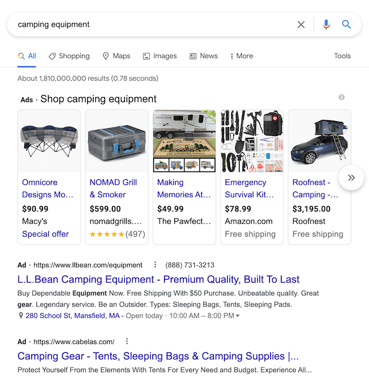 search for camping equipment