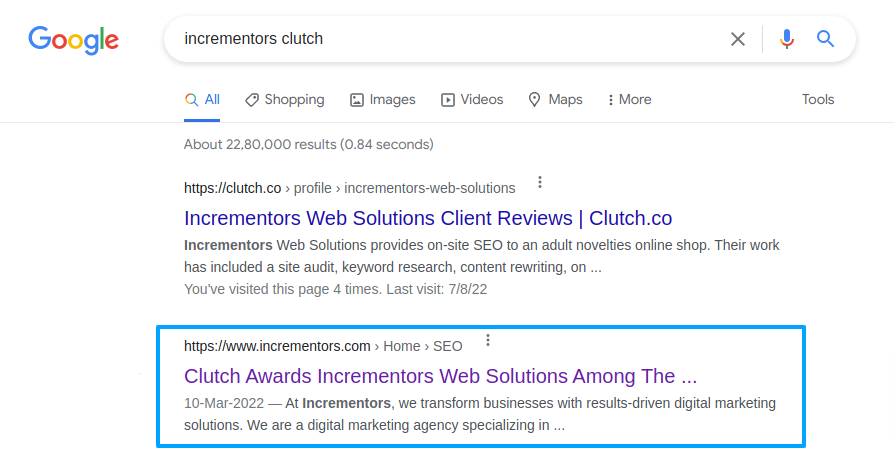 SERP image- incrementors PR rankings