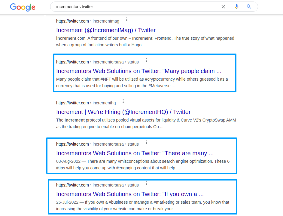 incrementors tweet- Google SERP