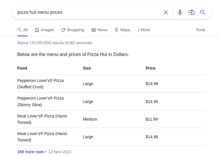 Featured Snippet Example-Table Snippet