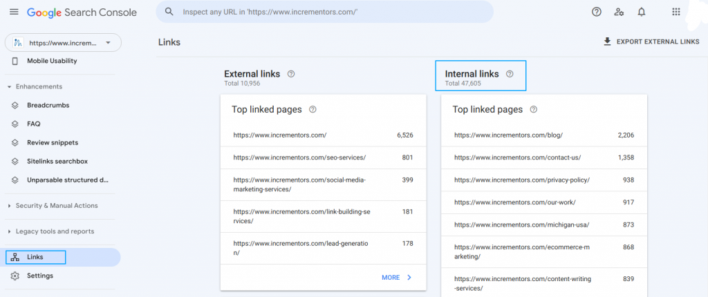 internal links in google console