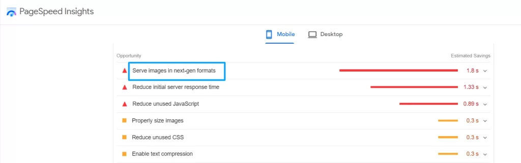Google page speed insights - serve images in next-gen formats