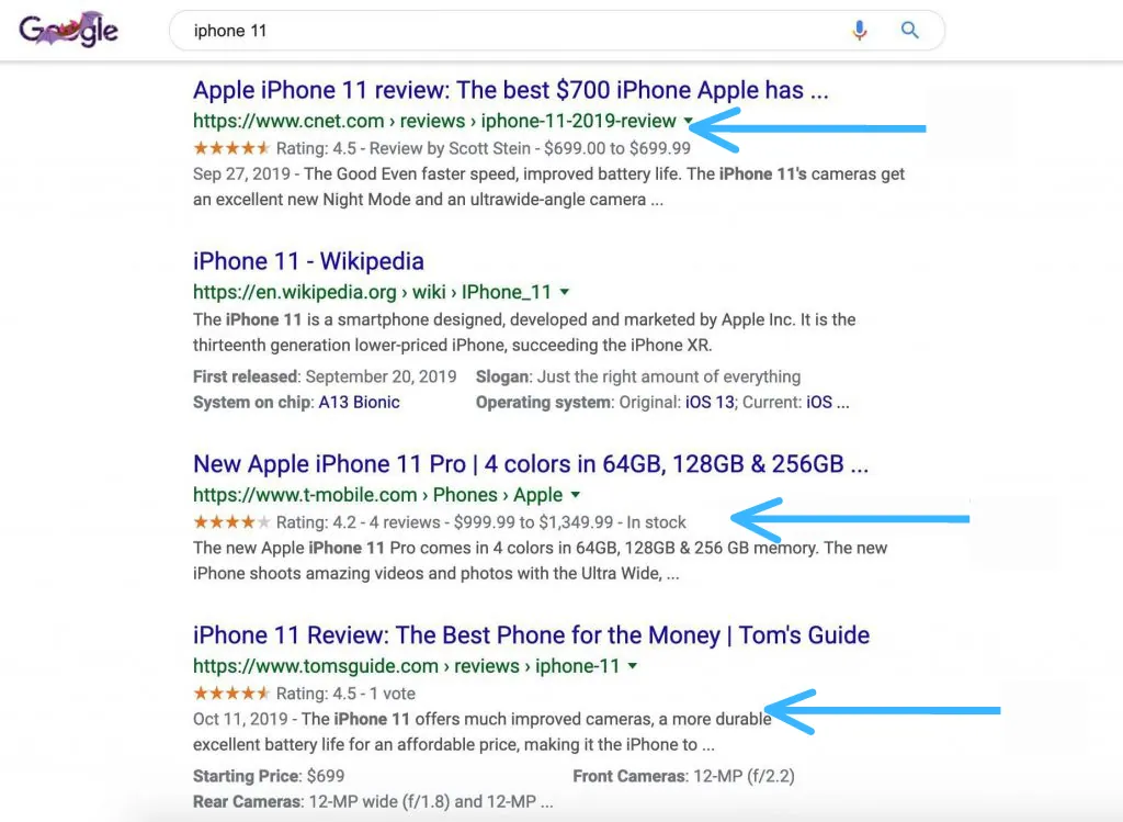 SERP results with price schema