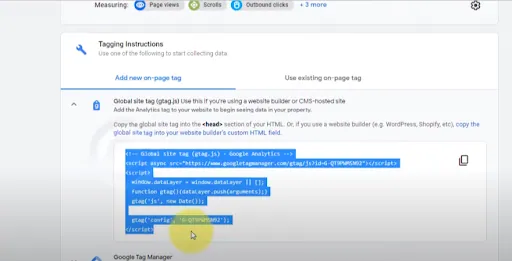 copy javascript from add new on-page tag