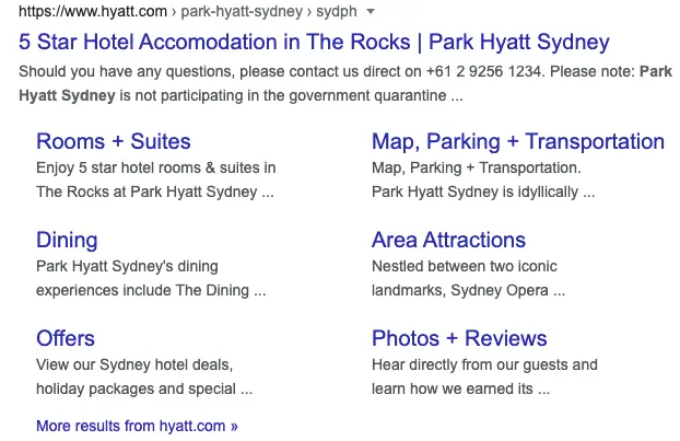 hyatt search results in SERP - structured data
