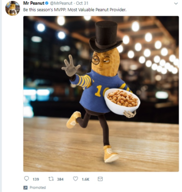 an appealing image of Mr. Peanut on twitter