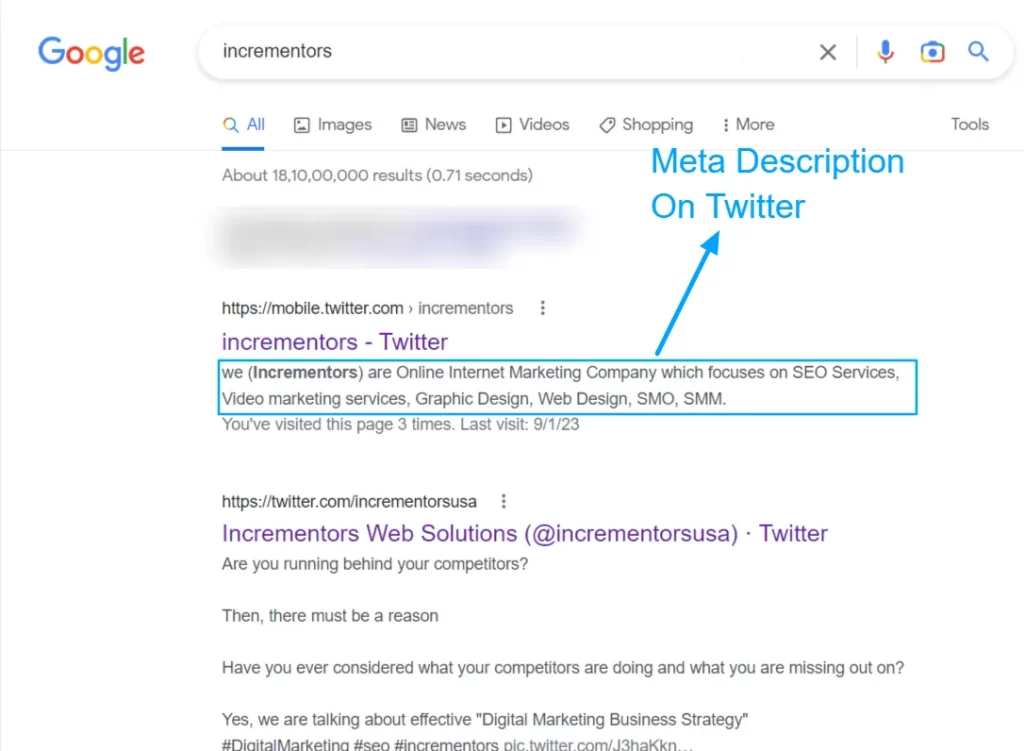 incrementors twitter profile's meta description on Google