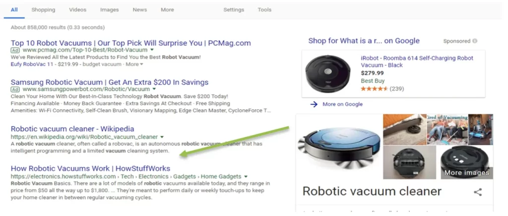 robotic vacuum cleaner search rersults in SERP