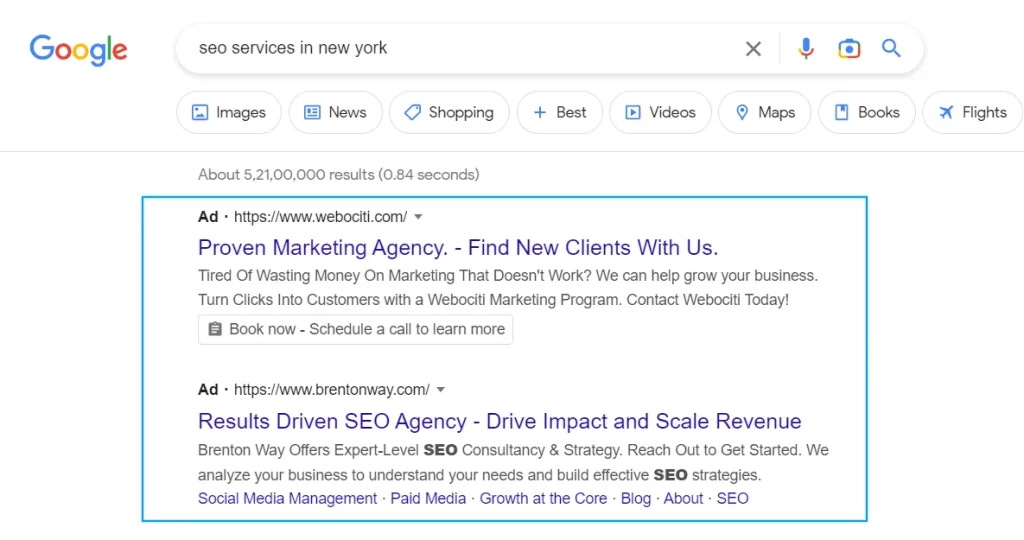 SEM - seo services in new york ads in SERP
