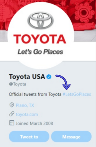 Toyota's brand hashtag on twitter - #LetsGoPlaces