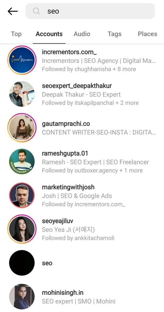 searching SEO accounts on Instagram