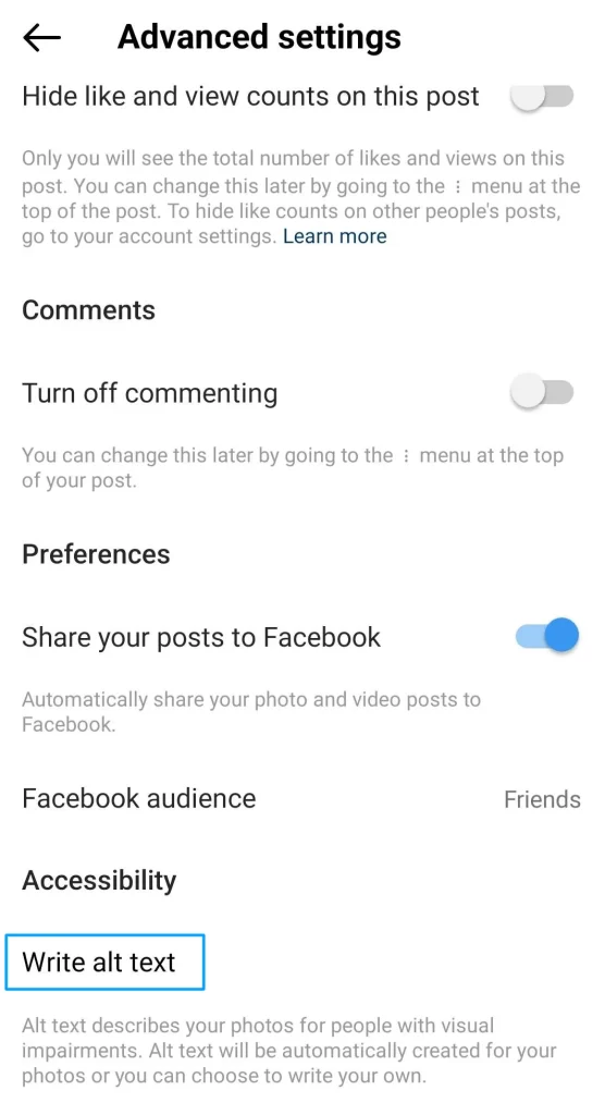 write alt text- advanced settings