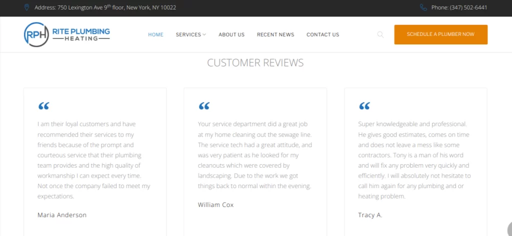 types of content used in a plumbing website Customer reviews and testimonials types of content used in a plumbing website