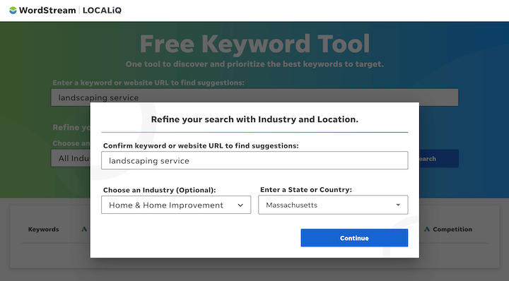 wordstream - free keyword tool