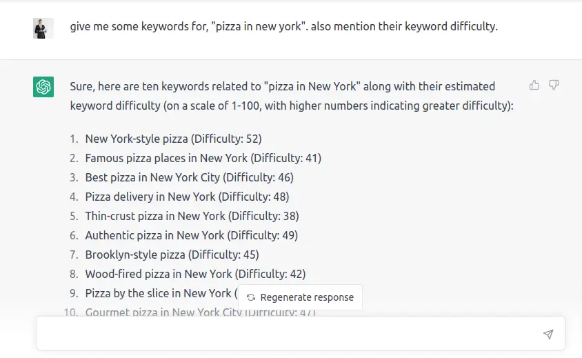 chatgpt for seo - get keywords and keyword difficulty through ChatGPT