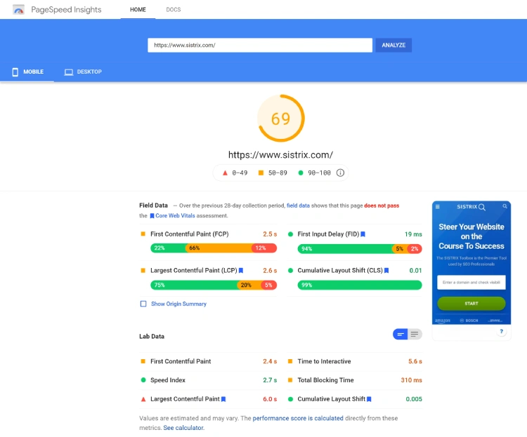 page speed insights