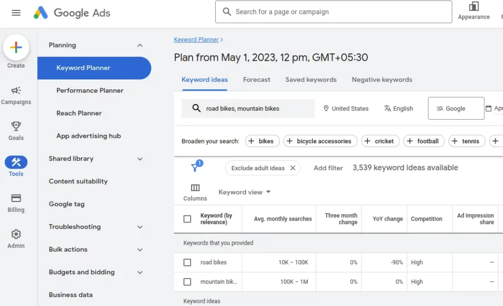 Google ads - keywords - road bikes and mountain bikes