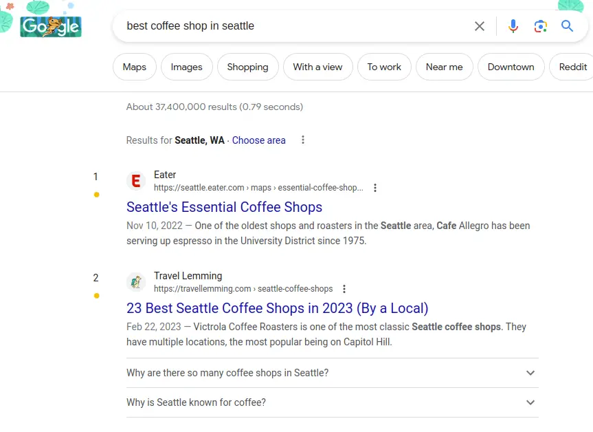 best coffee shop in seattle - Google SERP