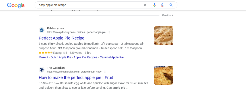 Google search on easy apple pie recipe