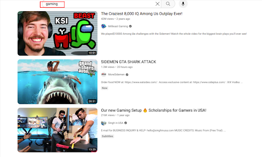 "Gaming" searched on YouTube