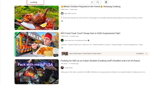 "cooking" searched on YouTube
