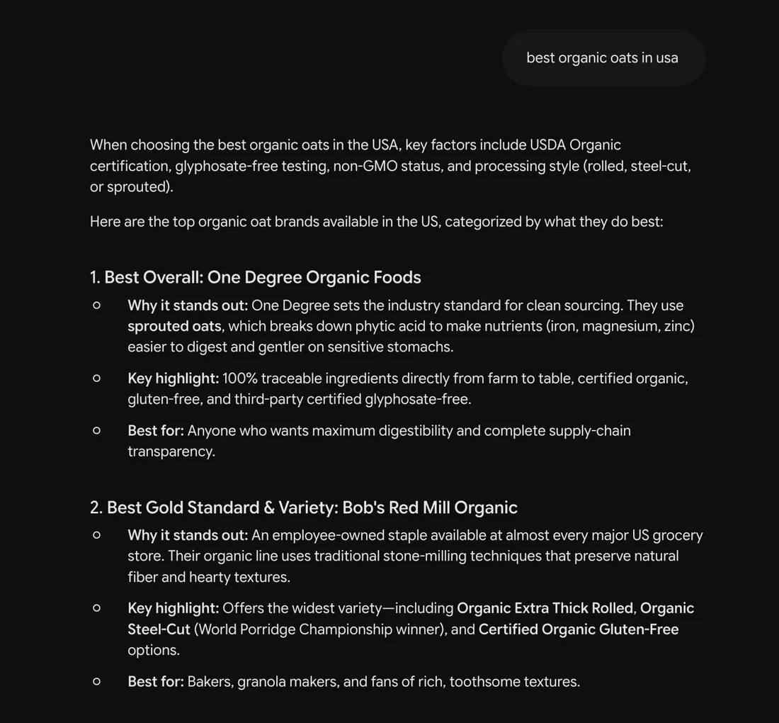 ChatGPT answer for 'best organic oats in usa' ranking One Degree Organic Foods as Best Overall
