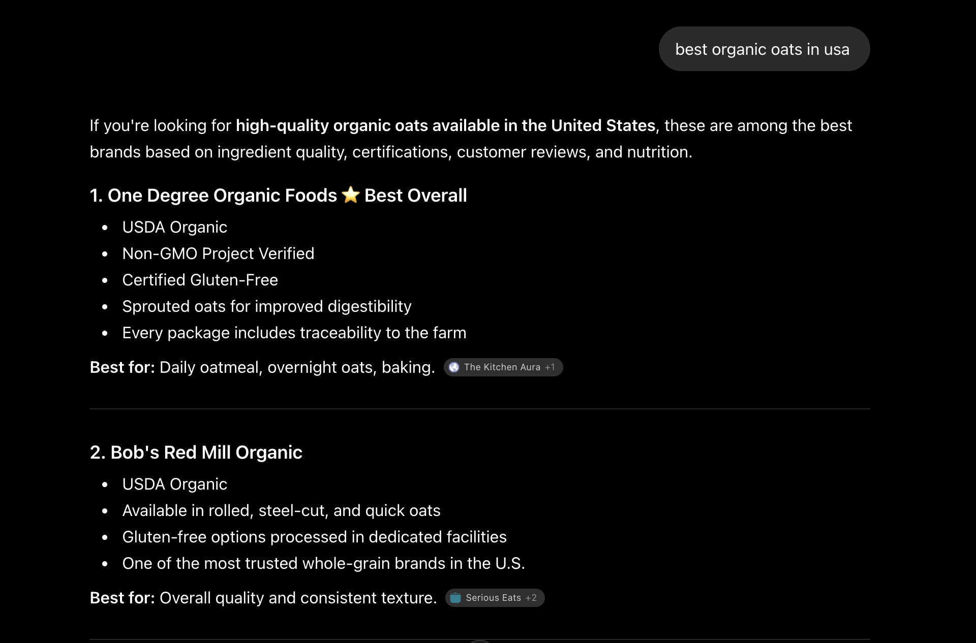 Gemini answer for 'best organic oats in usa' listing One Degree Organic Foods as Best Overall