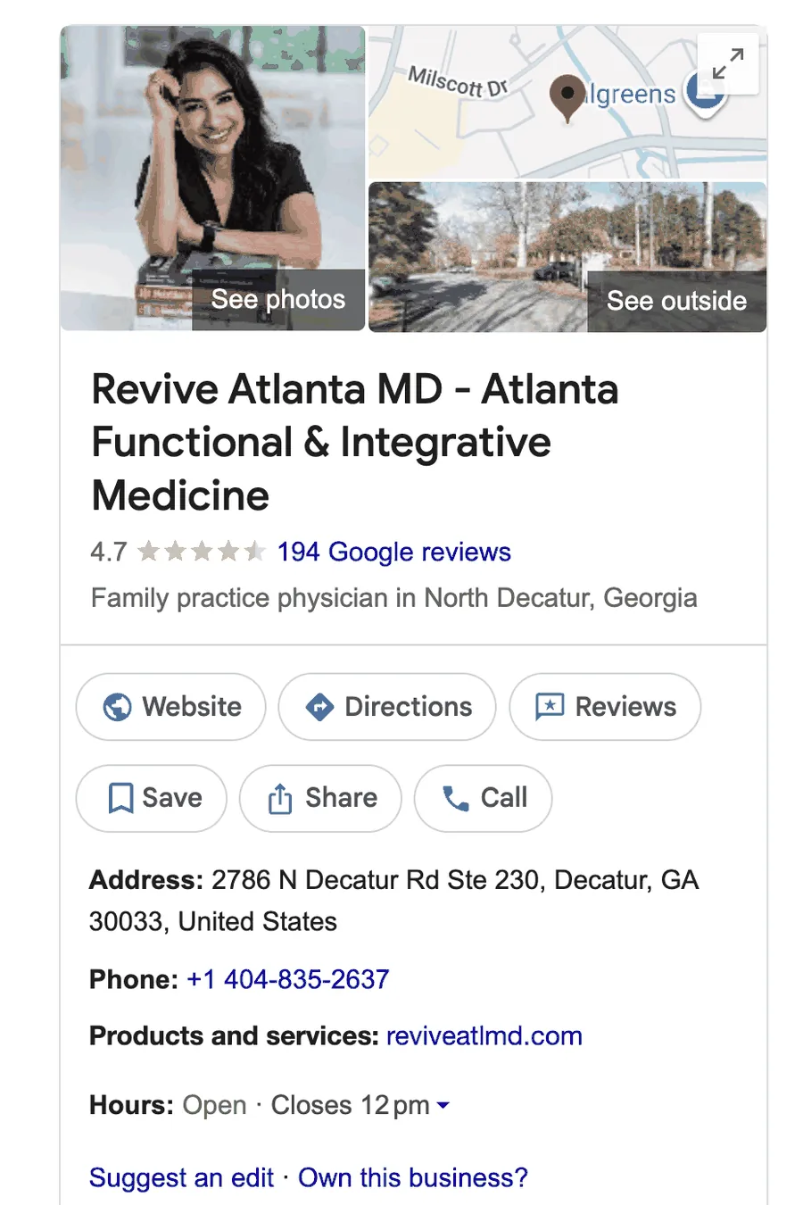 Google Business Profile knowledge panel for Revive Atlanta MD showing 4.7 rating and 194 reviews